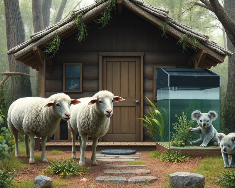 sheep, potato chip, koala, cabin, fish tank